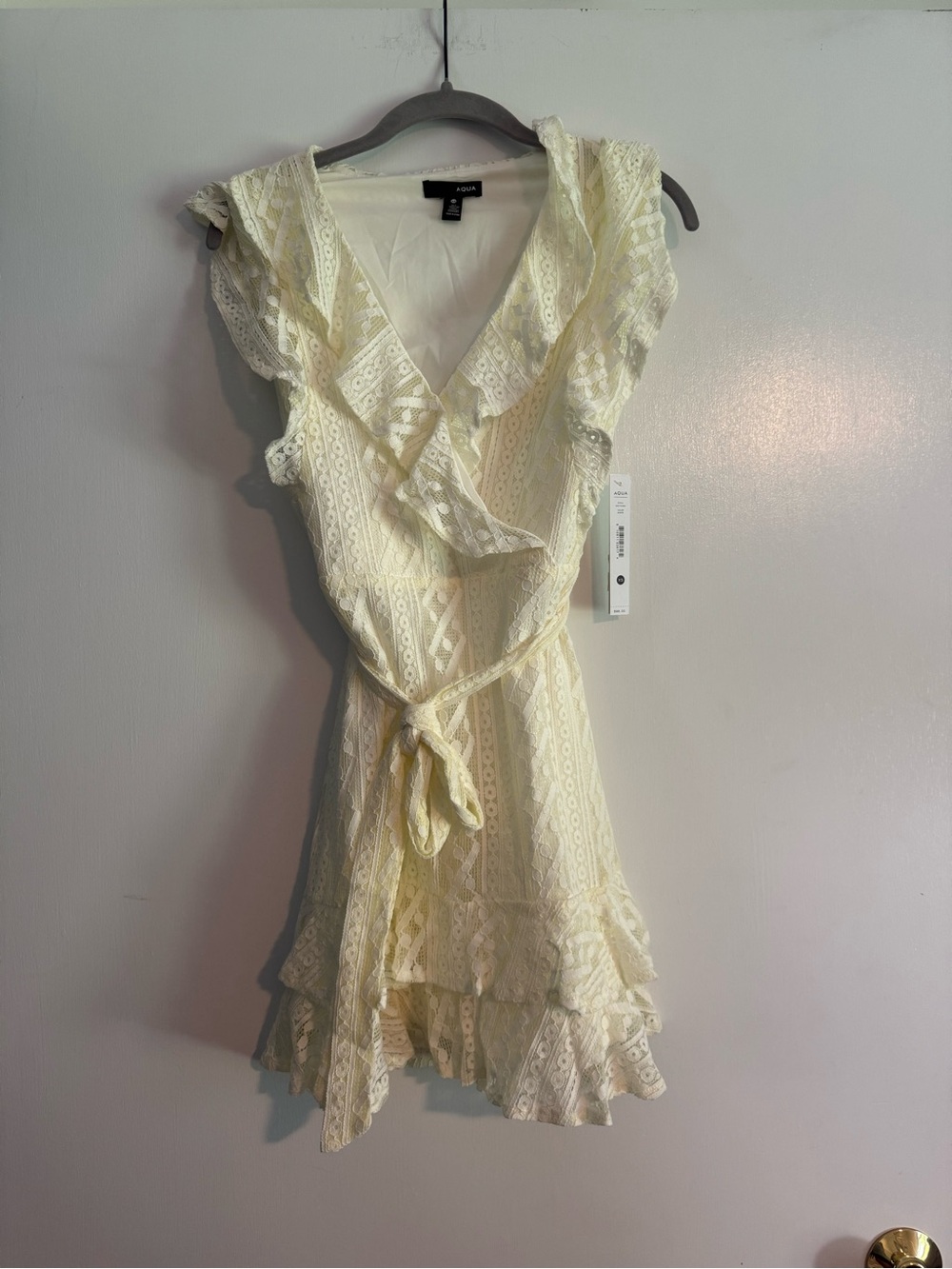 Aqua Ivory Lace Ruffle Wrap Mini Dress